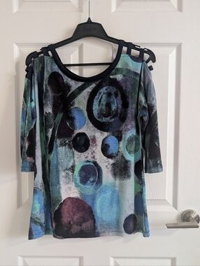 Dolcezza Abstract Art Circle Print Boho Quiet Luxury Artistic 96% Viscose Top S